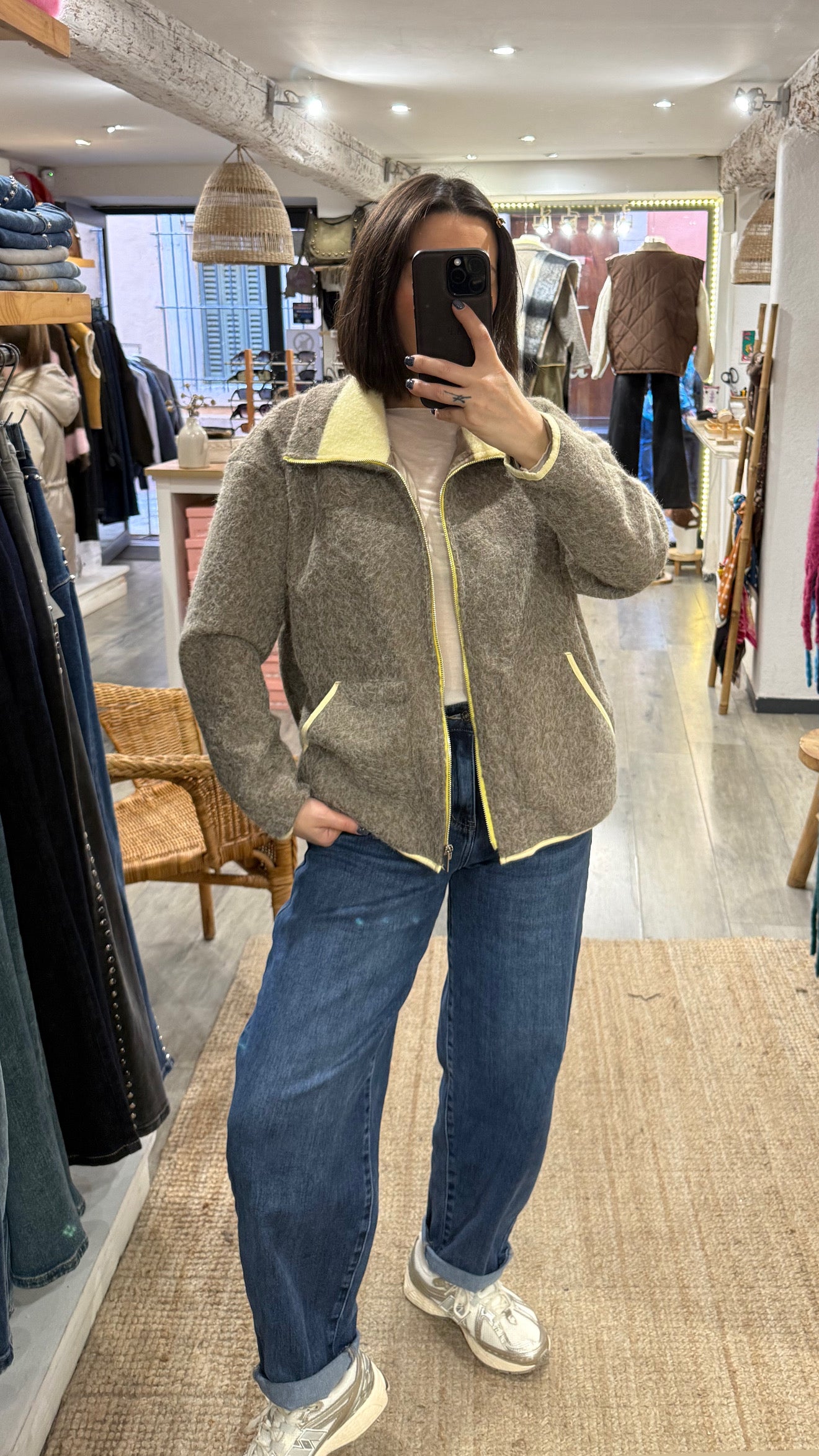 VESTE ZIP BI-COLORE BEIGE/JAUNE