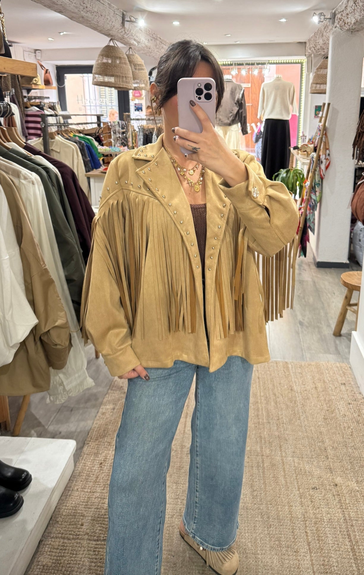 VESTE FRANGES CLOUS CAMEL