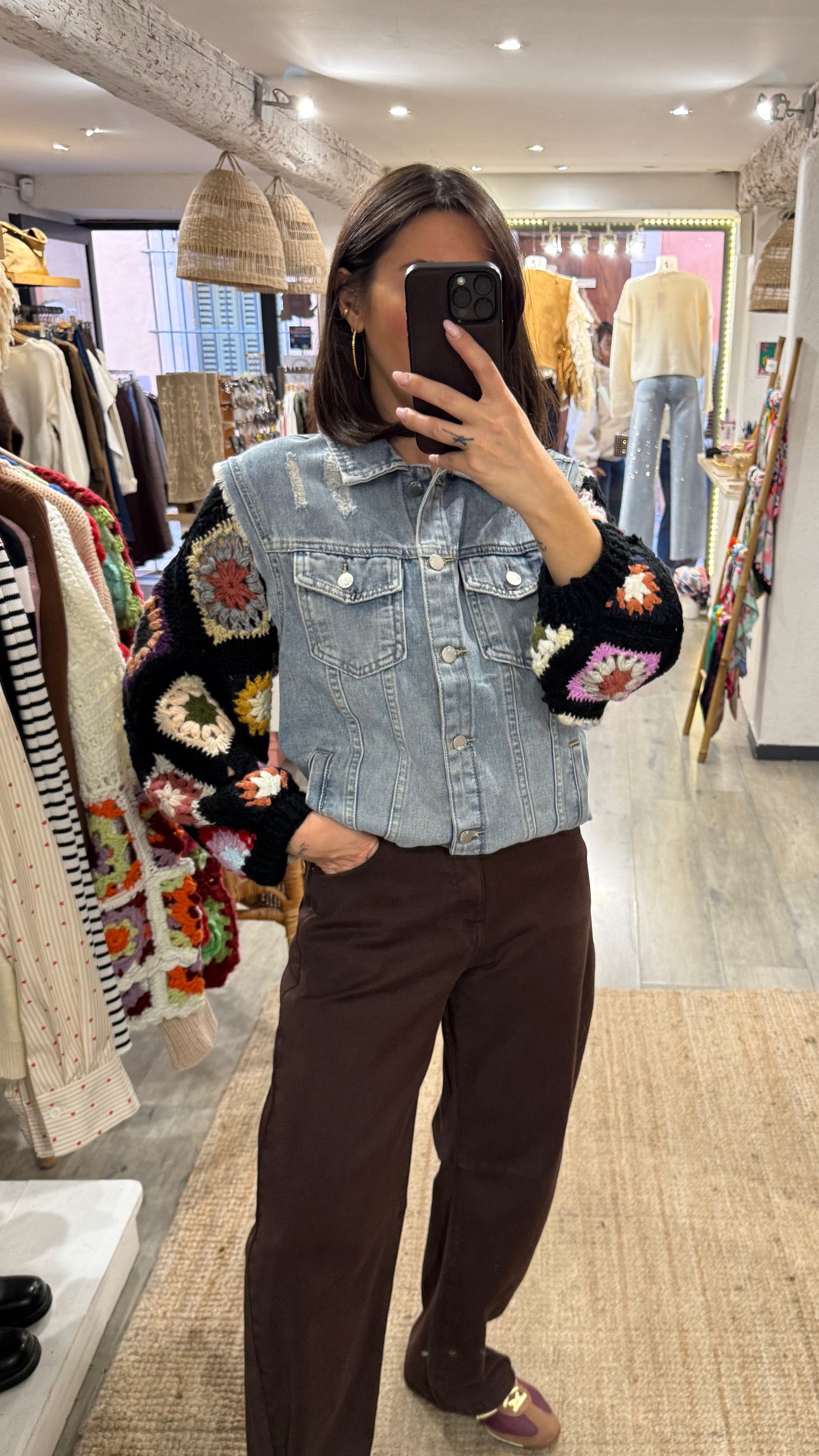 VESTE JEANS MANCHES CROCHET