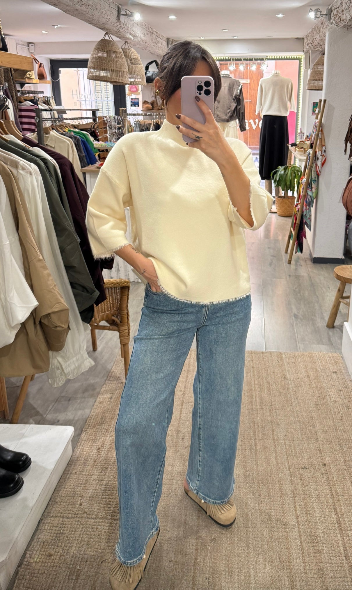 PULL FRANGES MANCHES 3/4 ÉCRU