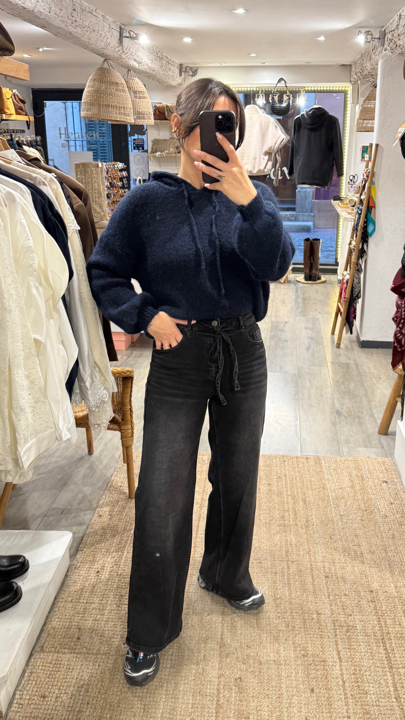 JEANS WIDE LEG NOIR LACET