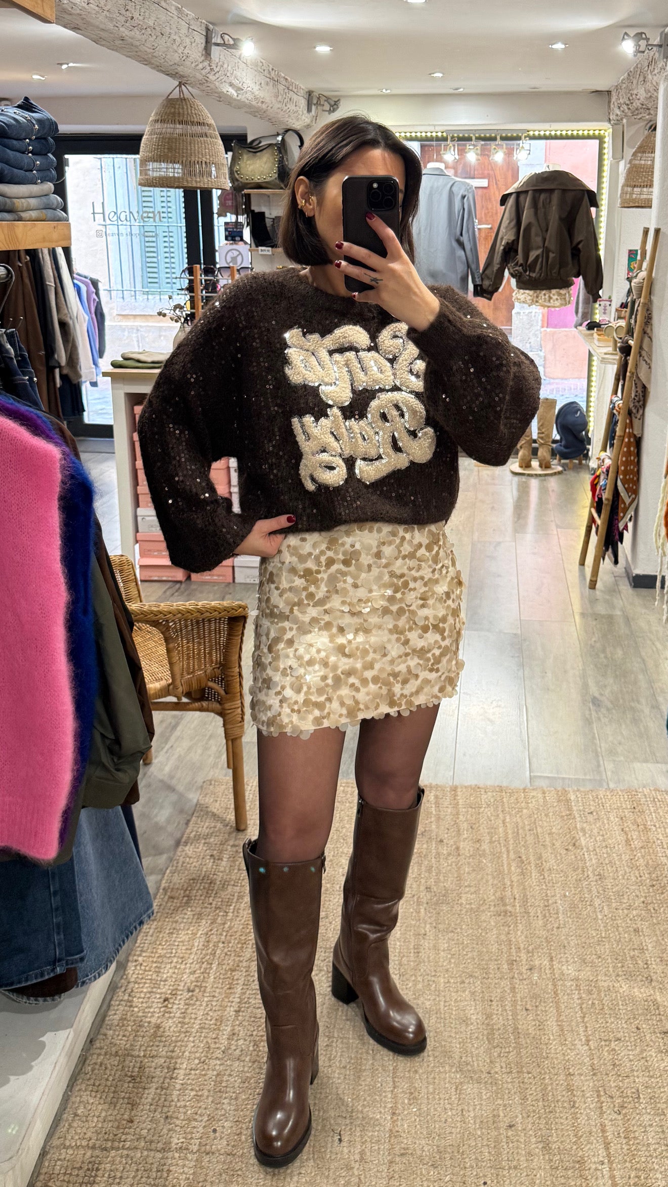 JUPE SEQUINS BEIGE/DORÉ