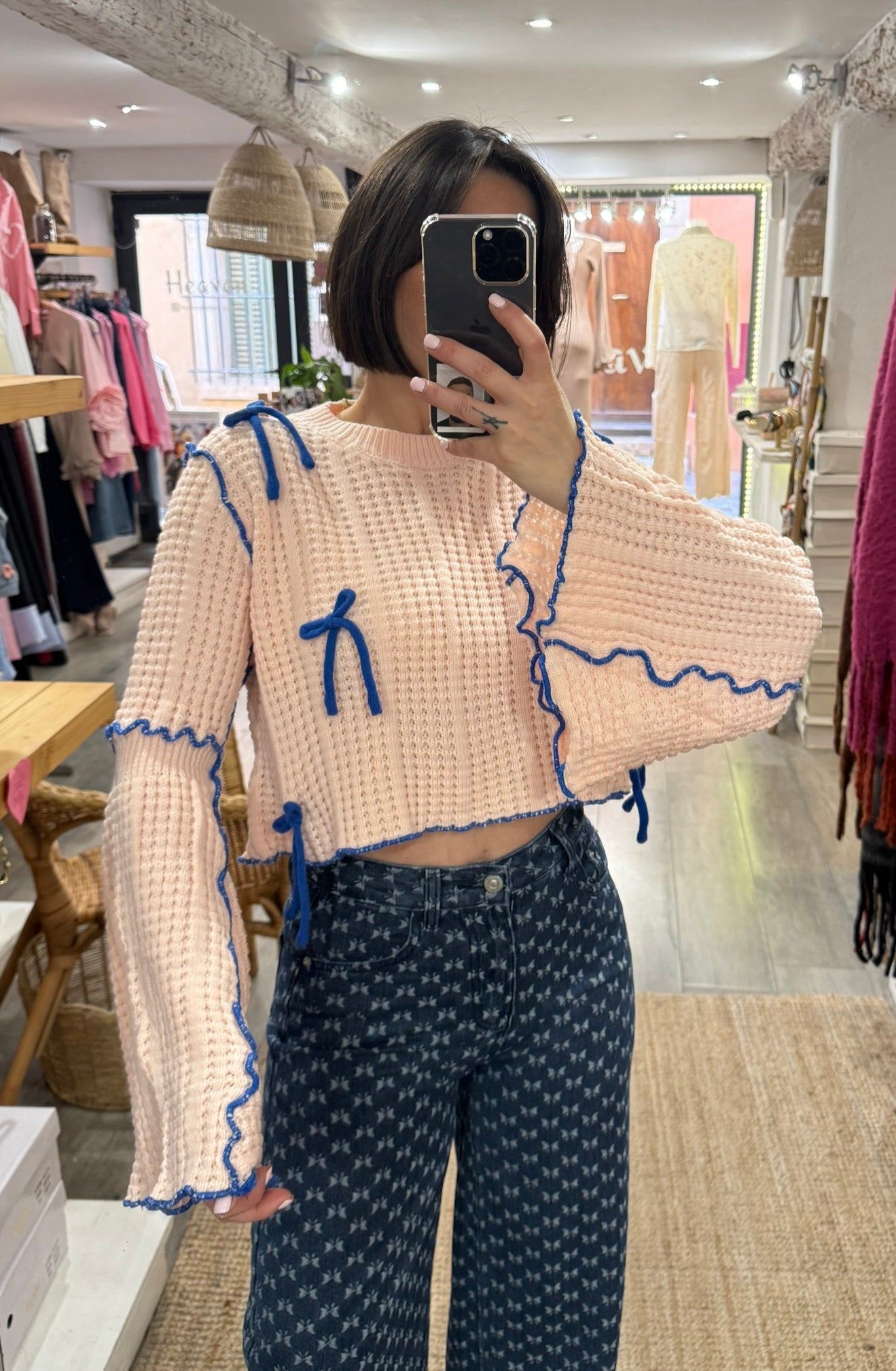 PULL CROP NOEUD ROSE/BLEU