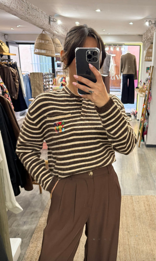 PULL RAYURES MARRON « LOVE YOUR SELF »