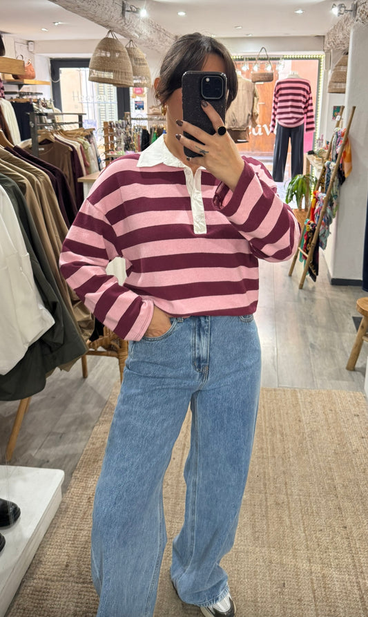 POLO RAYURES ROSE/BORDEAUX