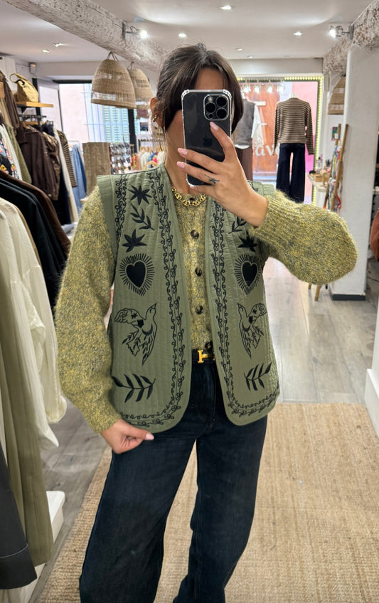 GILET BRODÉ SANS MANCHES VERT