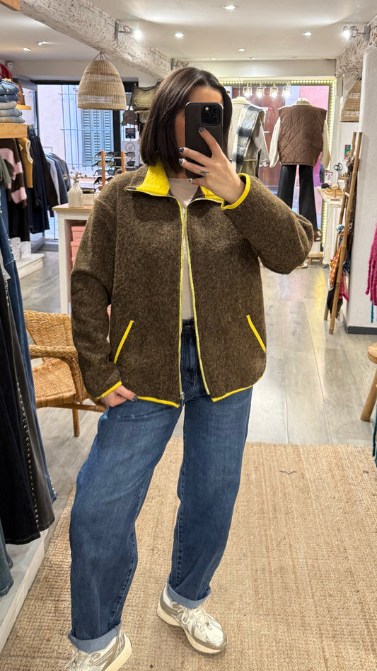 VESTE ZIP BI-COLORE CHOCO/JAUNE