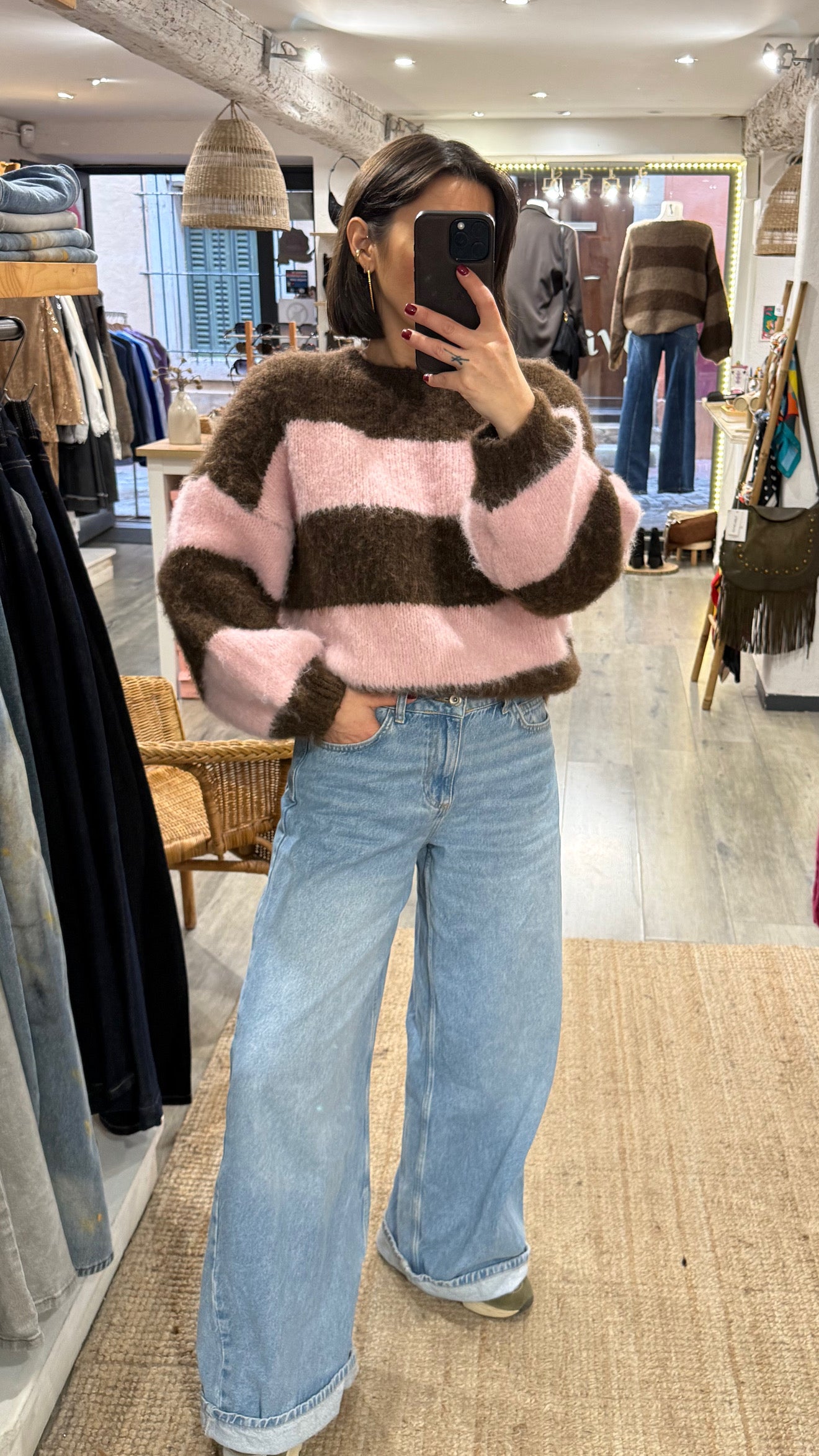 MAILLE RAYURES MARRON/ROSE