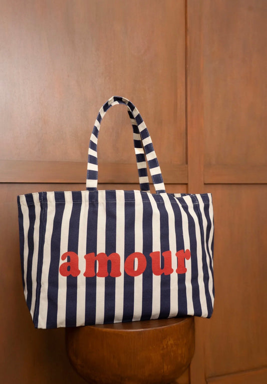 TOTE BAG «  AMOUR » BLEU/BLANC