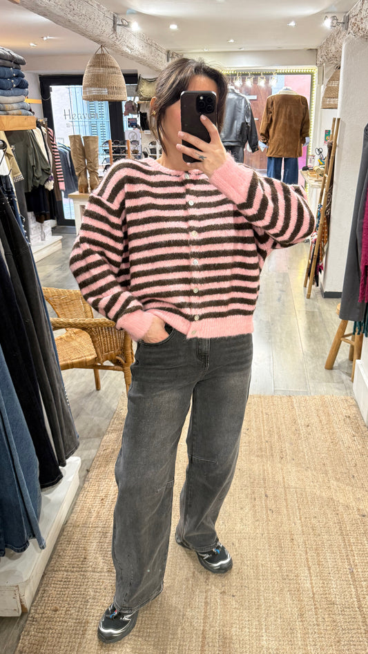 GILET RAYÉ MARRON/ROSE