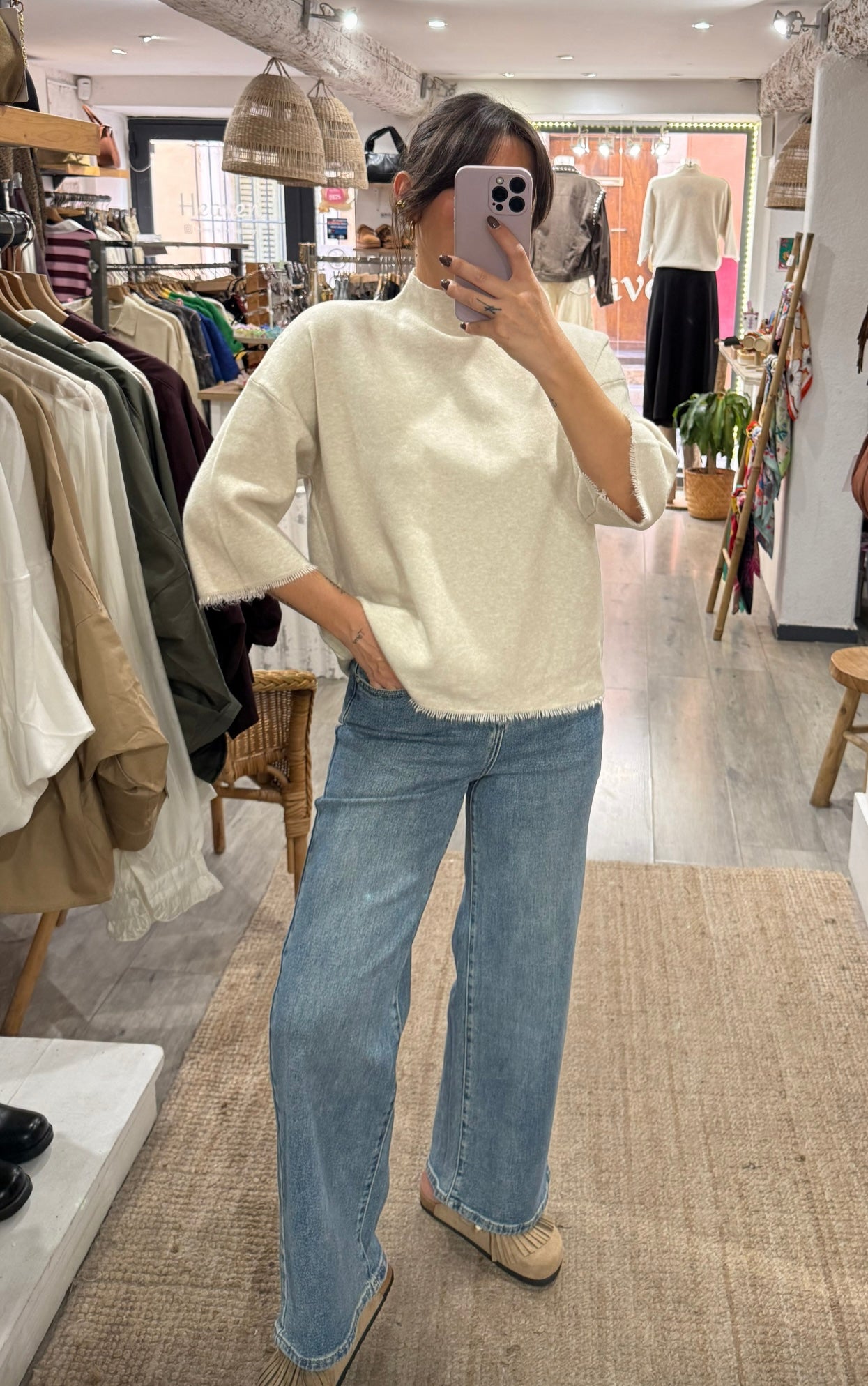 PULL FRANGES MANCHES 3/4 BEIGE