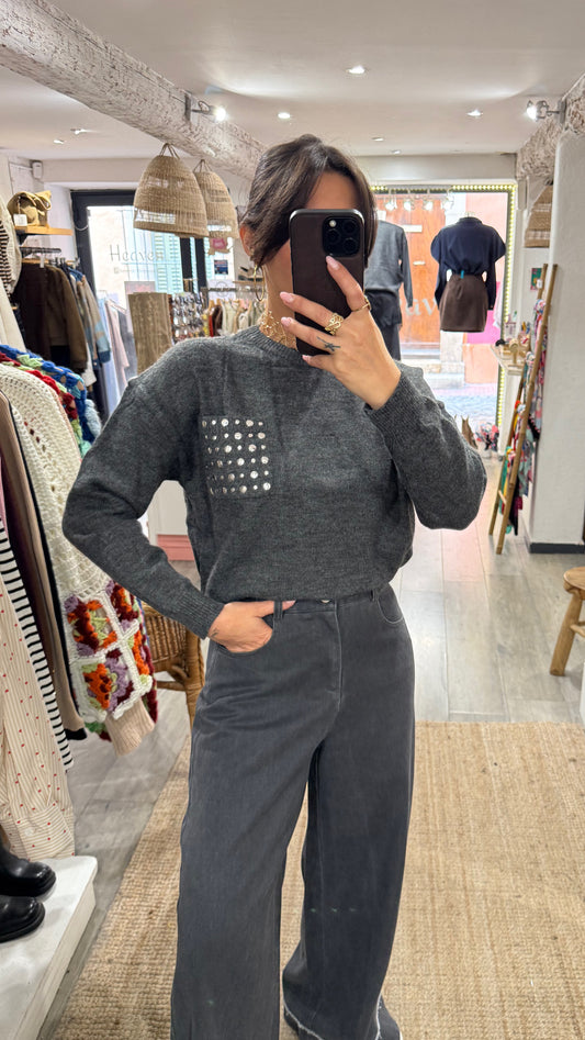 PULL GRIS POCHE CLOUS