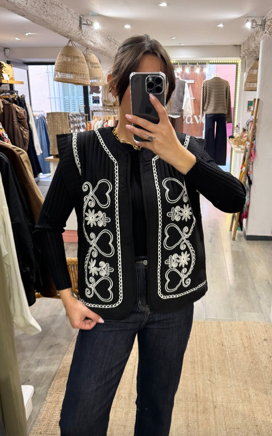GILET BRODÉ SANS MANCHES NOIR