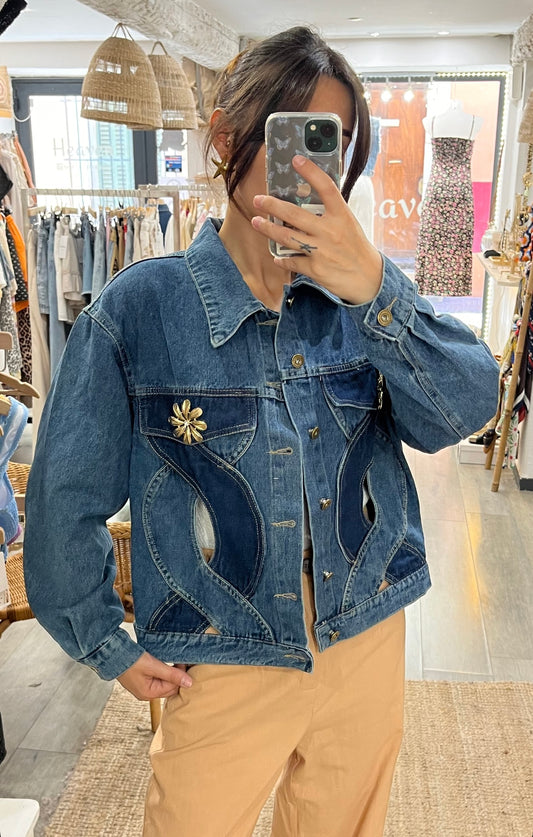 Veste jeans broche fleurs