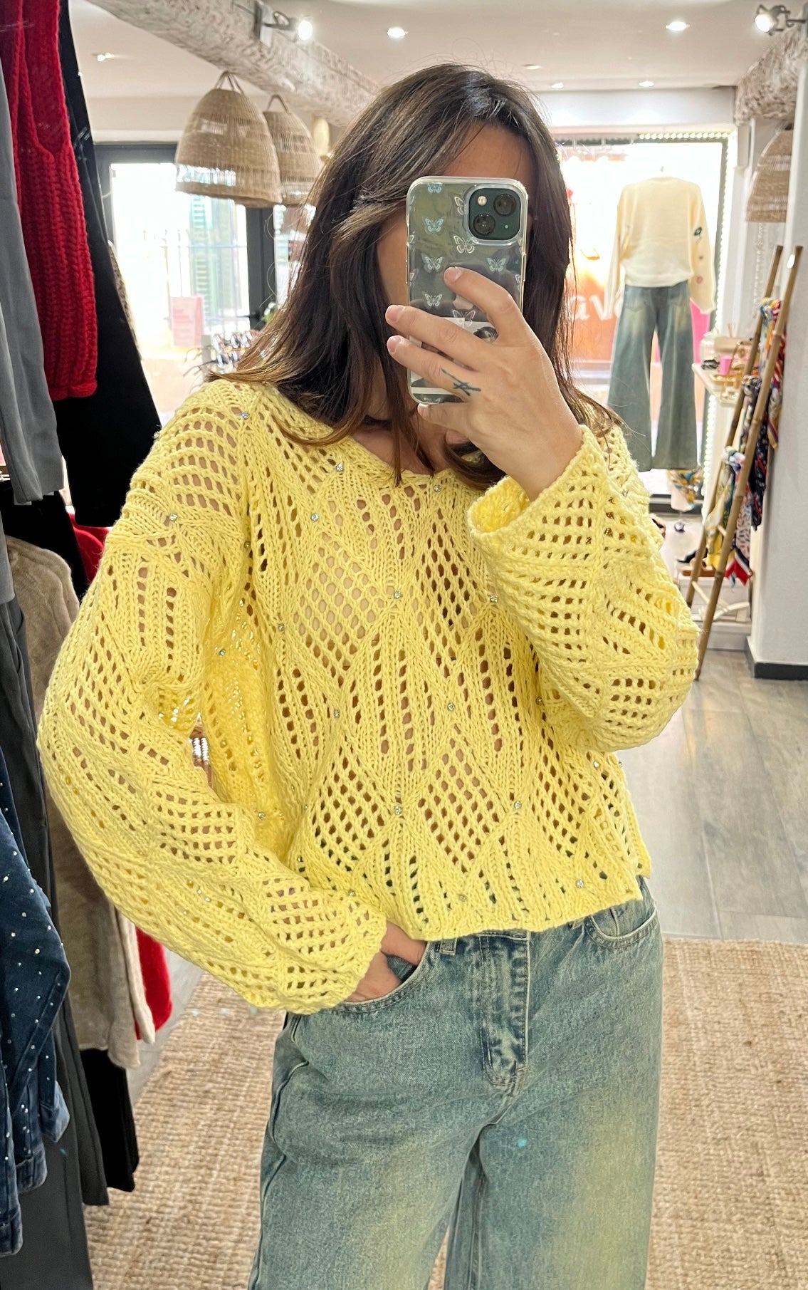 Pull crochet Jaune strass