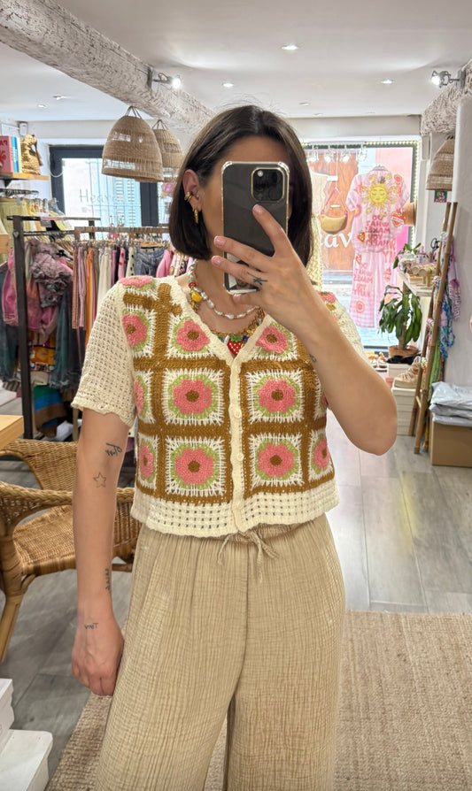 TOP CROCHET FLEURS ROSE/MARRON