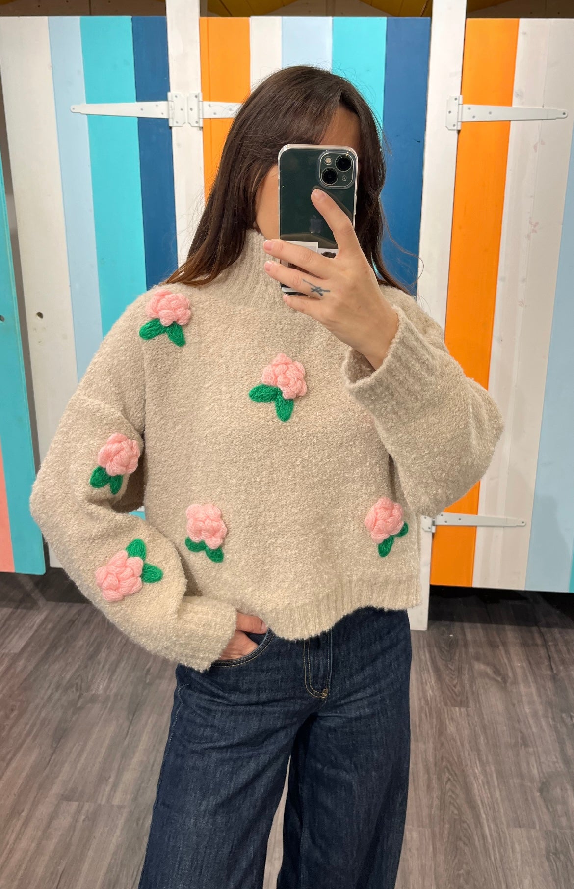 PULL BEIGE FLEURS