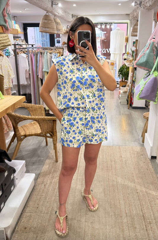 SHORT ENSEMBLE FLEURS BLEU