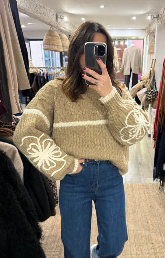 PULL MANCHES FLEURS BEIGE/ÉCRU