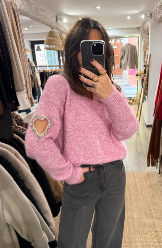 PULL ROSE CŒUR STRASS